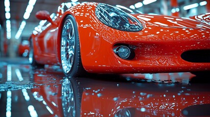 Reflective surface close up of freshly polished car bumper in a detail oriented studio setup