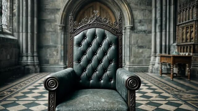 Elegant leather armchair with ornate dark wood frame set in grand gothic stone hall interior with checkered marble flooring and background details