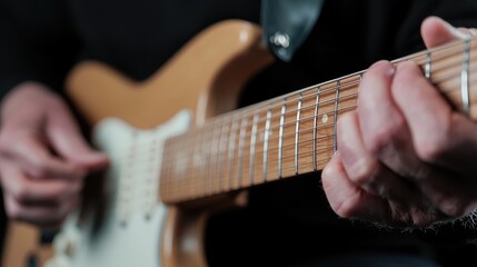 Close-up of hands playing electric guitar