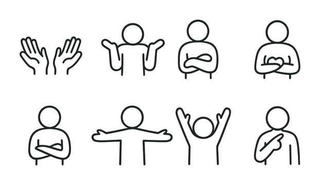 Human gesture icon set &ndash; linear style communication and body language symbols for expressive design: waving hands, shrugging, cross arms, heart, open arms, cheering, pointing