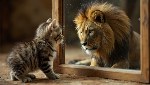 A small kitten gazes into a mirror, but its reflection shows a majestic lion. The image plays with perception and symbolism, representing confidence, potential, and inner strength beyond outward appea