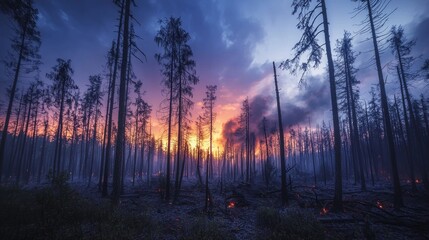 Forest fire at dusk reveals smoldering trees under a vibrant sky with rich colors of orange and purple