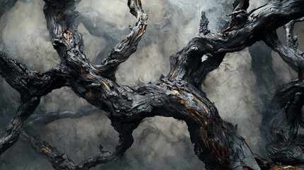 Twisted branches form intricate patterns against a smoky backdrop in an artistic display of nature's beauty and resilience