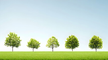 Row Of Green Trees On Grass Field Against Light Blue Sky
