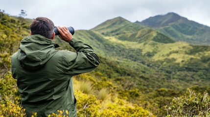 Man using binoculars to observe lush green mountains during a cloudy day in a national park
