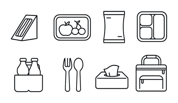 Packed lunch outline icons set – line style meal prep and snack symbols for food packaging, school lunches, and picnic gear: sandwich, fruits, snacks, bento box, drinks, cutlery
