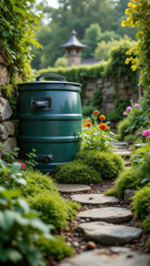 A green metal barrel placed among garden plants on a stone path within a lush landscape with rock walls.
