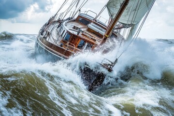 Classic Yacht Battling Stormy Seas.