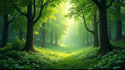 Obraz premium Lush green forest with sunlight filtering through the trees.