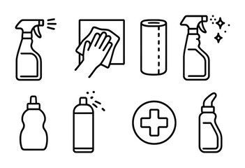 Cleaning product icon set – outline style household and sanitation symbols for hygiene management and maintenance: spray bottle, cloth, paper towel, detergent, disinfectant, brush, sanitizer,