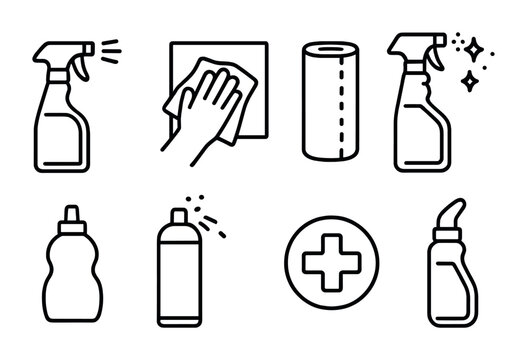 Cleaning product icon set – outline style household and sanitation symbols for hygiene management and maintenance: spray bottle, cloth, paper towel, detergent, disinfectant, brush, sanitizer,