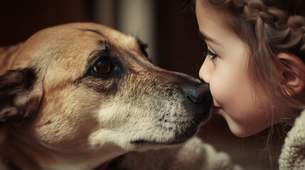 A heartwarming moment between a young girl with braided hair and a friendly dog, sharing an affectionate nose-to-nose touch.