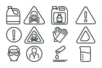 Chemical hazard outline icon set – essential safety and warning symbols for laboratory and workplace: poison, exclamation, gloves, goggles, beaker, liquid drop, triangle, container