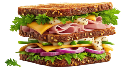 Double Decker Ham And Cheese Sandwich With Red Onion And Lettuceisolated, transparent background, clipart, cut out, no background