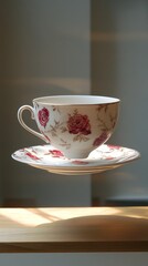 Fototapeta premium Floral Tea Cup And Saucer Floating In Soft Natural Light