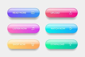3d click here web buttons. Set of action button, hand cursor and arrow pointing click link buttons. Add to cart, shop now, download buttons. Online shopping icons for UI UX website, mobile app.