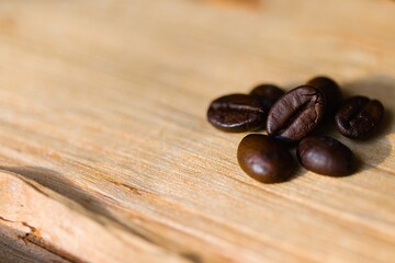 Coffee beans arranged on a piece of raw, freshly split wood.