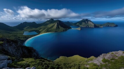 Fototapeta premium Coastal landscape with turquoise bays and lush mountains