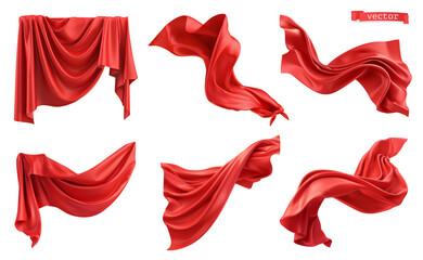 Red curtain, superhero red cape, 3d realistic vector set