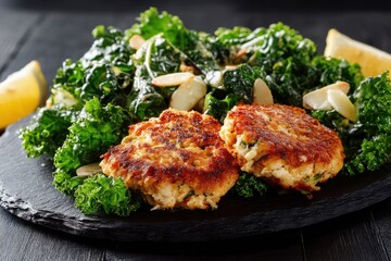 Delicious crab cakes served atop a bed of vibrant kale salad, garnished with toasted almonds. A healthy and flavorful meal.