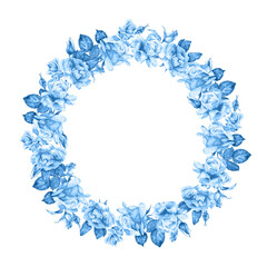 Watercolor hand drawn illustration of a wreath of flowers. Wreath of watercolor roses. Decor for wedding, birthday, children's party and seasonal holidays.