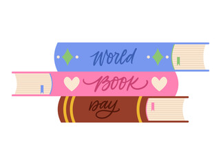 World book day. Vector handwritten calligraphy with books, flat style illustration isolated on white background