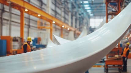 A modern wind turbine blade being constructed in a factory, detailed close-up of technicians applying resin and layering materials