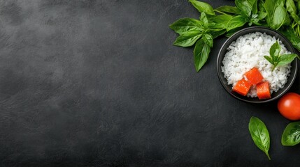 Rice bowl with fruits and basil on dark backdrop healthy food still life