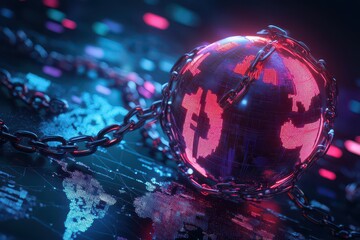 A digital globe encased in chains, symbolizing the constraints of global finance and technology