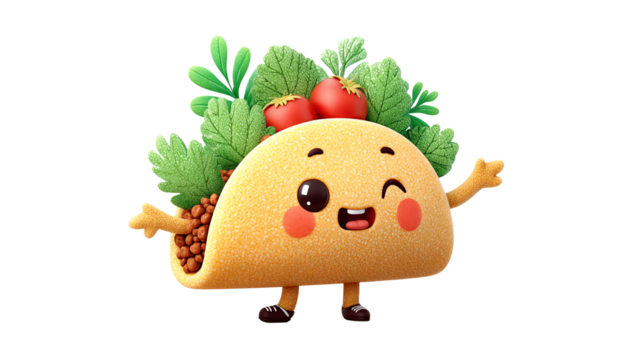 Playful Cartoon Taco Character with Vegetablesisolated, transparent background, clipart, cut out, no background