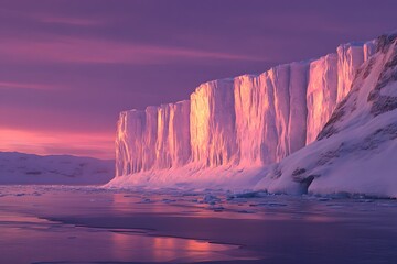 A view of a large ice wall near the water under a pink and purple sky during the early morning light