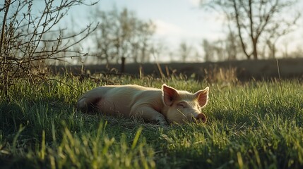 Peaceful pig resting in a grassy field at sunset.