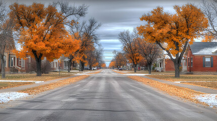 Autumn Leaves Line Residential Street With Snow