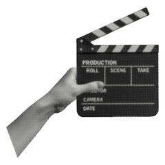 hand holding clapperboard isolated retro halftone dotted cut-out collage element for mixed media design