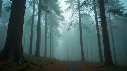 Obraz premium Misty forest with tall trees