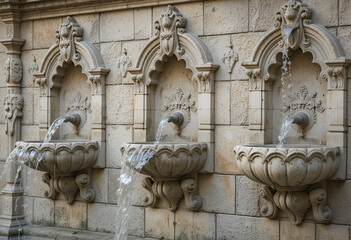 Exquisite Carved Stone Fountains with Flowing Water: Ornate Architectural Detail, Historical Craftsmanship, Tranquil Water Feature, Elegant Stone Carvings, Decorative Basins, Sculpted Floral Motifs, 