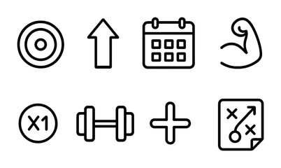 Fitness and workout linear icon set – outline style exercise and gym symbols for training goals, progress tracking: target, arrow, calendar, bicep, dumbbell, add, strategy