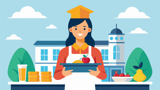 An ambitious student starts a meal prep service for busy students on campus using her culinary skills to earn money for her education and help her. Vector illustration