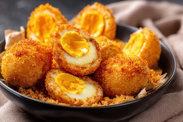 Golden-brown breaded eggs, halved to reveal vibrant yolks, sit in a dark bowl. A delicious and visually appealing snack or appetizer.