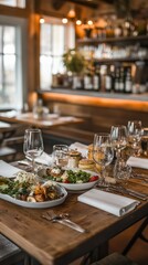 Fine dining table setting includes food and clean glassware