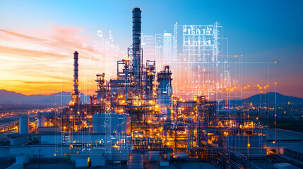 Obraz premium Industrial Plant At Sunset With Digital Overlay