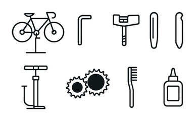 Fototapeta premium Bicycle repair tools icon set – outline style maintenance and cycling symbols for bike servicing, mechanical repairs, gear adjustments: wrench, pump, gears, lube, allen key, tire lever, patch kit