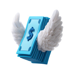Realistic 3D flying cash with wings on transparent background representing income and growth