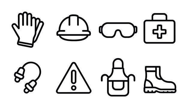 Safety equipment icon set – outline style personal protection symbols for workplace safety and industrial use: gloves, helmet, goggles, first aid kit, earplugs, caution sign, apron, boots