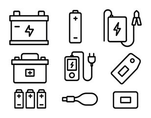 Battery and energy devices icon set &ndash; outline style electrical and power symbols for technology and energy solutions: battery, charger, power bank, accumulator, bulb, energy meter