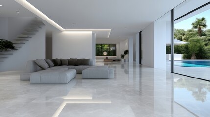 Modern, minimalist living room with stunning views.  Spacious, light-filled interior, featuring a sleek sectional sofa, and polished marble floors.  Outdoor views of a swimming pool and lush greenery