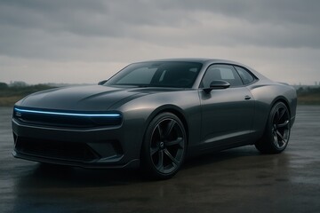 Obraz premium Futuristic electric muscle car parked on wet asphalt under cloudy sky