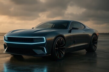 Obraz premium Futuristic electric muscle car parked on wet asphalt at sunset
