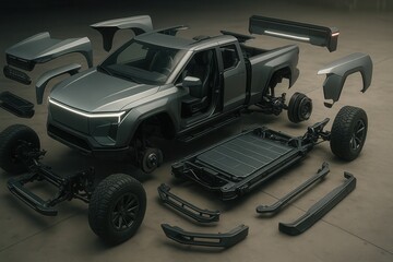 Fototapeta premium Exploded view of futuristic electric pickup truck showing chassis and bodywork