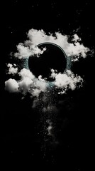 A captivating, mysterious circular design surrounded by ethereal clouds and sparkling particles creates an intriguing sense of wonder and exploration amidst the darkness and the unknown.
